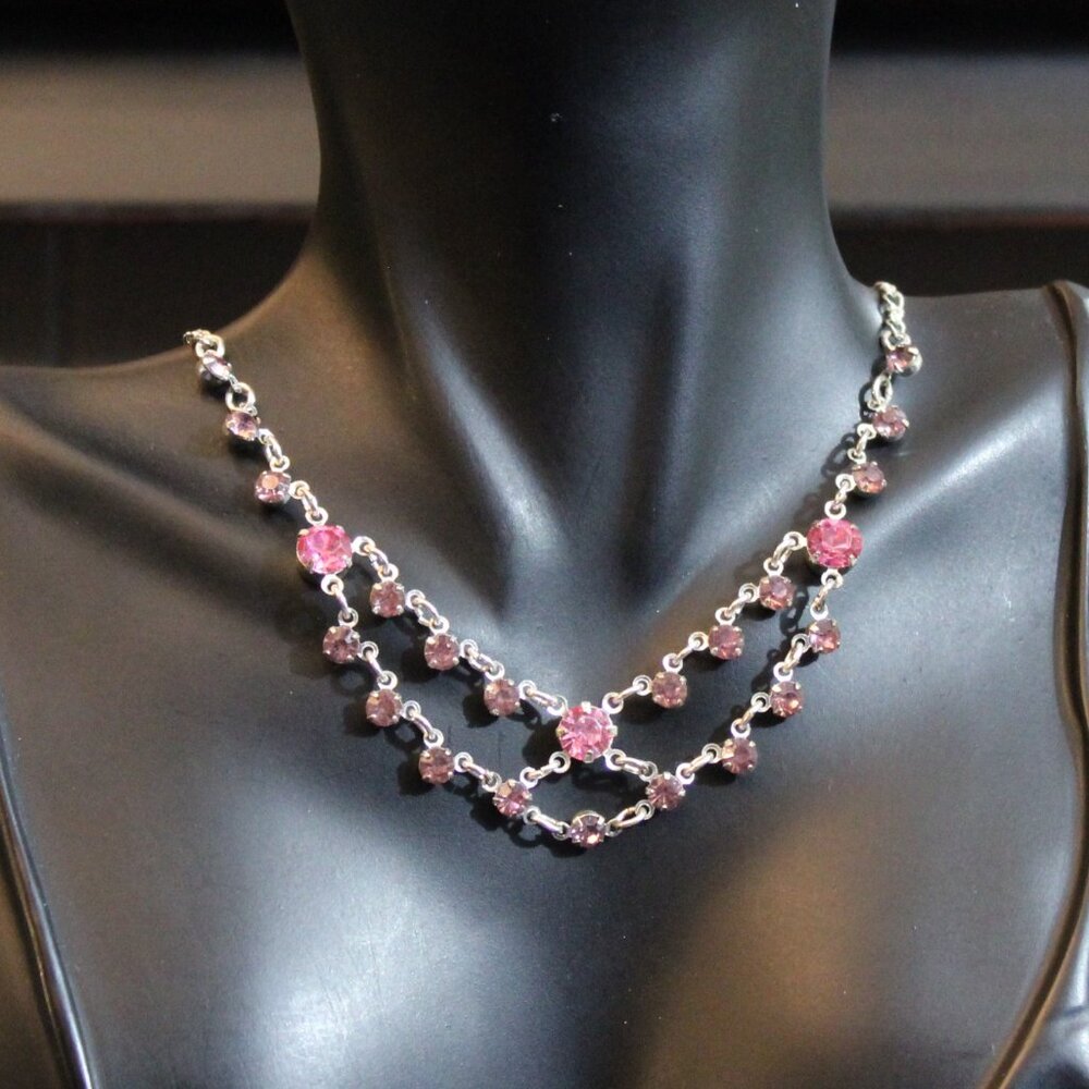 Avon Pink Rhinestone Silver Tone Swag Chain Necklace